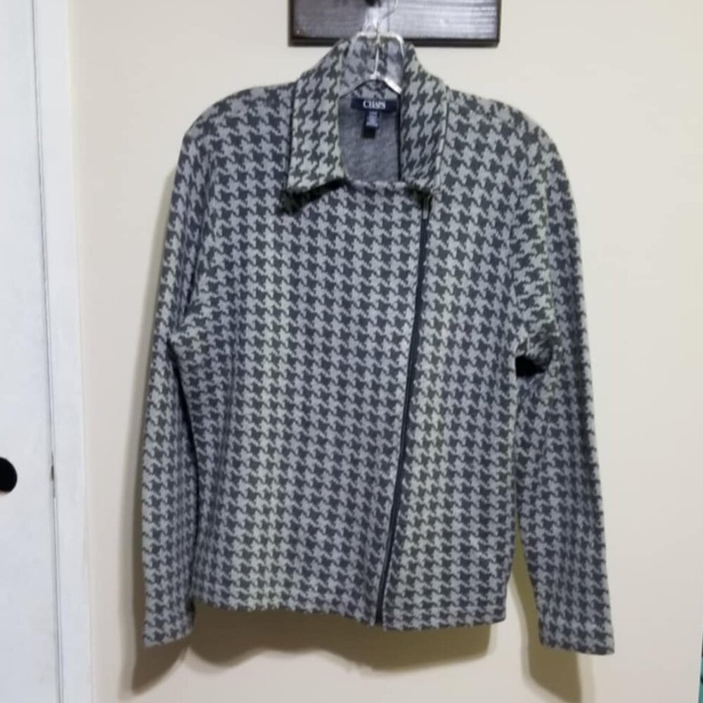 Chaps Jacket Grey Large Office Casual Cozy Zippered Houndstooth